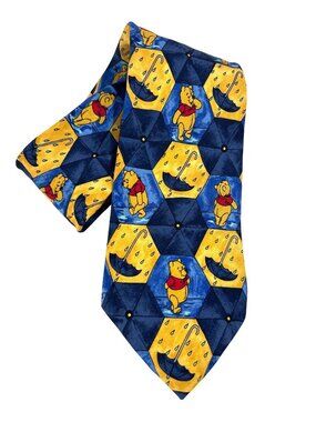Disney Winnie Pooh Necktie Raindrops Umbrellas Vtg 100% Silk Italy Blue Yellow